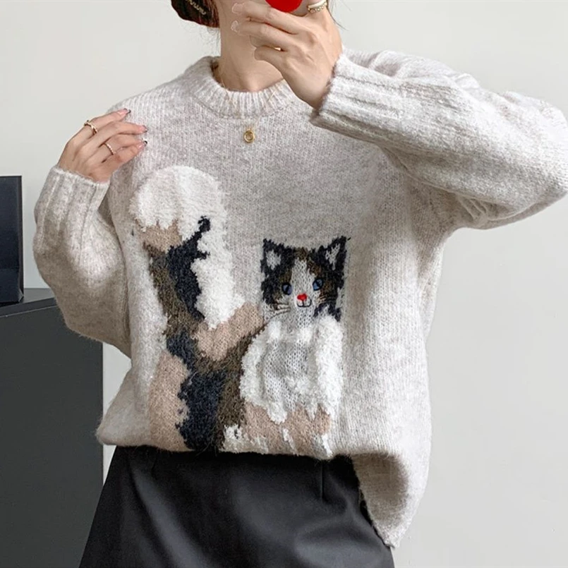 New Korean Kawaii Cat Cute Oversized Sweaters Women Vintage Autumn Winter Y2K Tops Couples Pullovers Comfortable Loose Knitwear