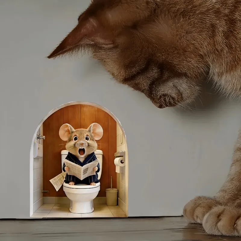 Cute Mouse Toilet Trip Wall Stickers Animal PVC Home Art Decor Fun Water-Proof Wall Decals B117
