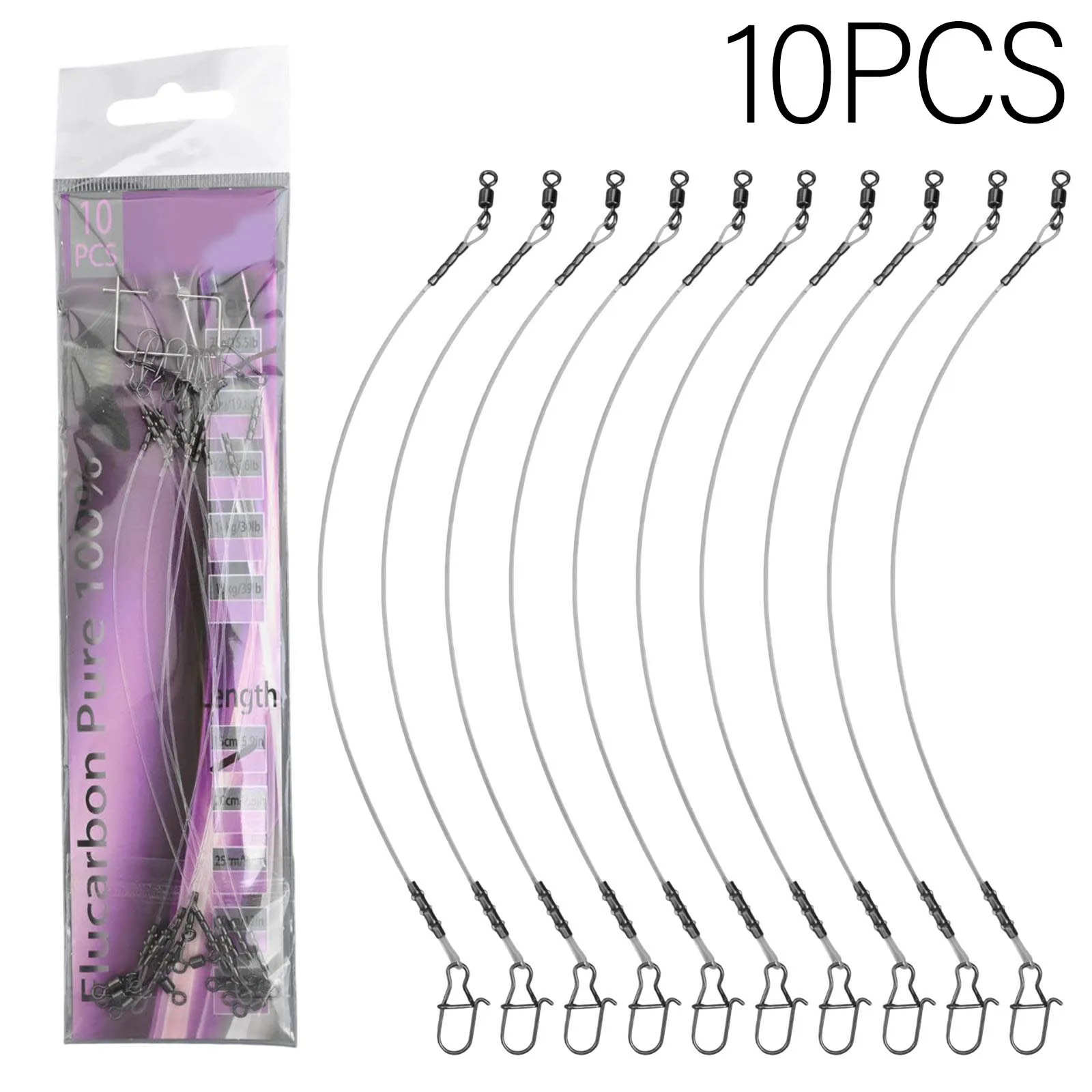 

10 фторуглеродных рыболовных поводков с поворотным механизмом Fastlock, предназначенными для низкой видимости и повышенной чувствительности.