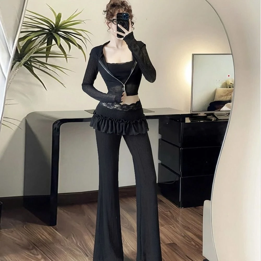 

Elastic Chic Lace Wide Leg Pants Black Sweet Casual Pants for Women Straight Butt Curtain Low Waist Long Pants Women