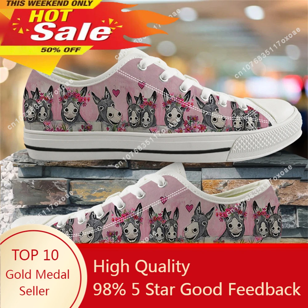 Doginthehole Woman Low Top Canvas Shoes Donkey Family 3D Cute Pattern Ladies Shoes Lace Up Sneakers