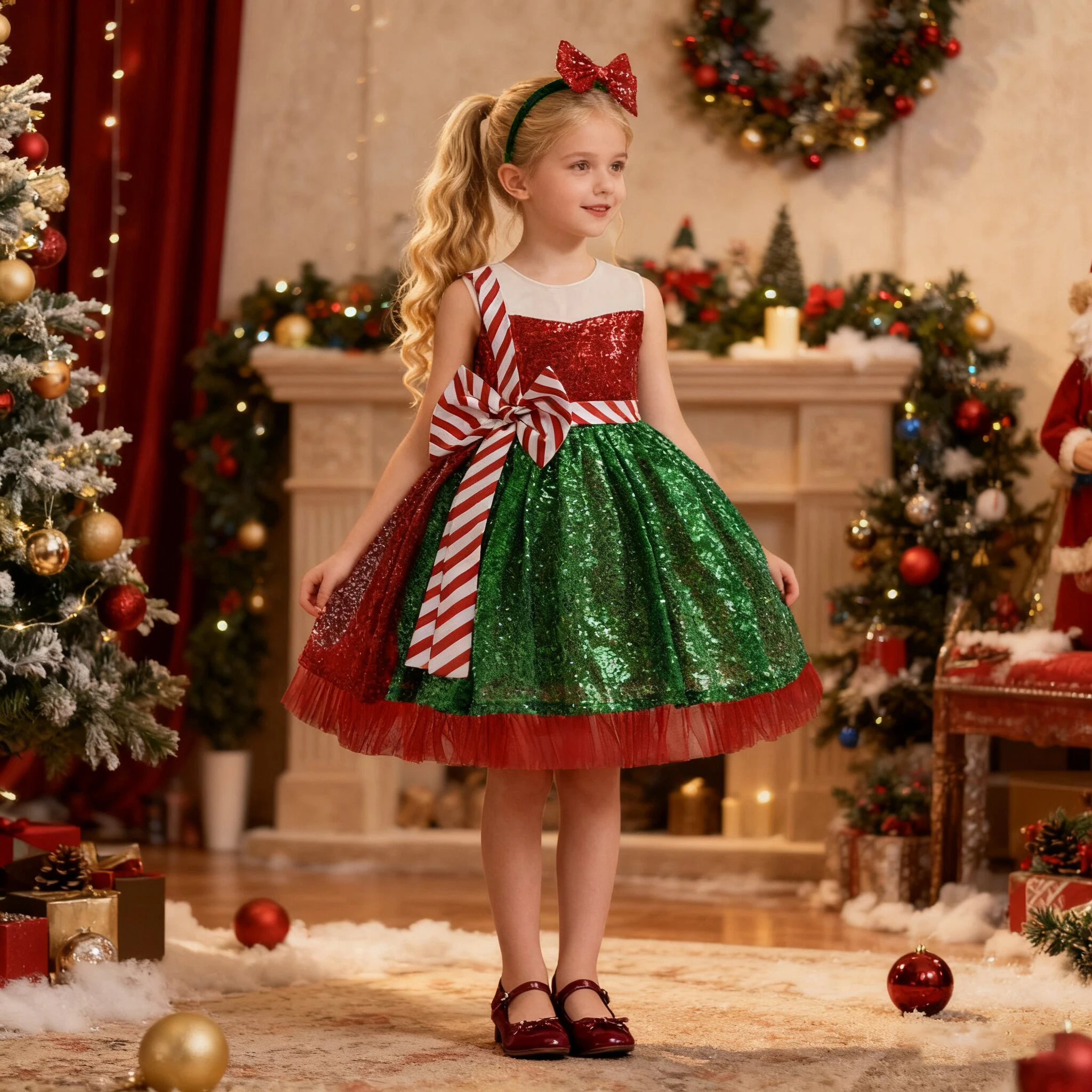 Elegante gestreifte Schleife Party Mädchen Kleider Weihnachtskostüm Sommer Tüll Geburtstag Prinzessin Kleid Mädchen Hochzeit Brautjungfer Abendkleid