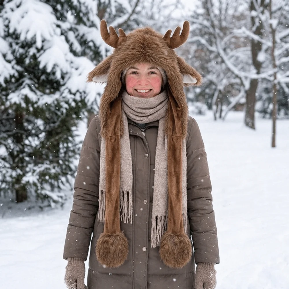 Warm Reindeer Antler Hat Fluffy Texture Plush Christmas Elk Hat Thermal Windproof Adjustable Straps Ear Protection Cap Unisex