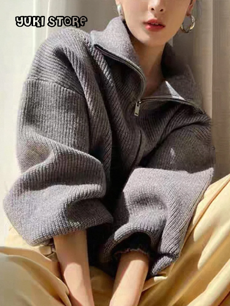 

Fashion Zipper Solid Short Knit Cardigan Women Lapel Long Sleeve Loose Sweater 2025 Autumn Lady Commute Casual Outwear New