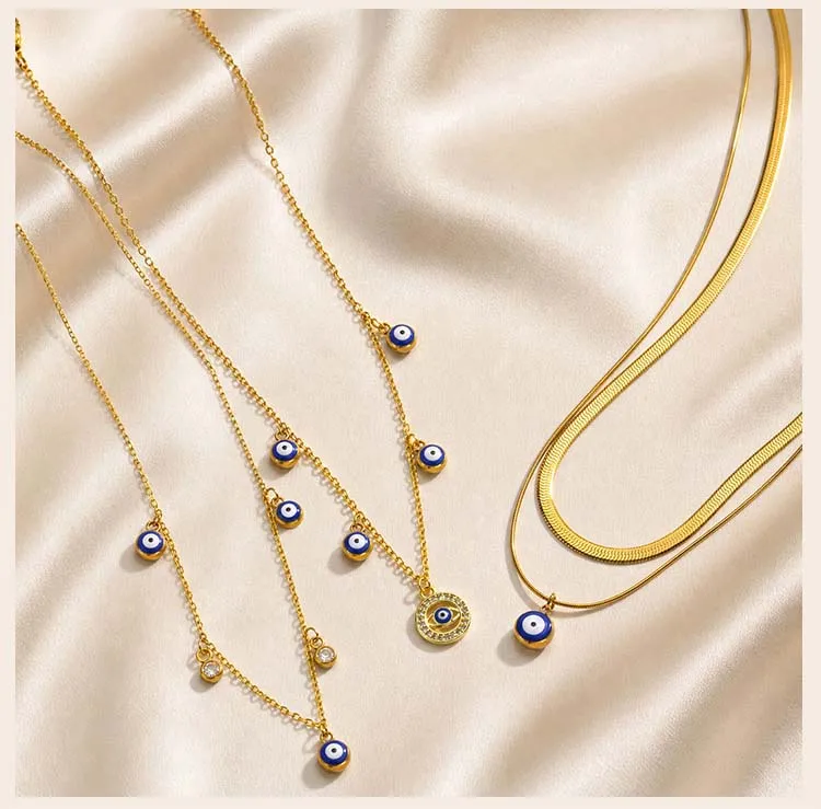 Evil Eye Mehrlagige Halskette, 18K IP Vergoldeter Edelstahl, Emaille-Anhänger, Hypoallergene Fischgrätenkette – Detail 5