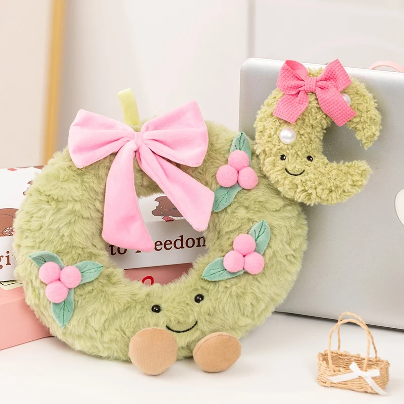 Sweet Green Wreath Plush Toy Stuffed Smiling Humanoid Pink Bow Tie Plushie Kawaii Home Decor Christmas Gift