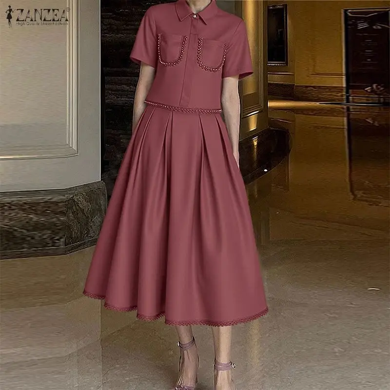 ZANZEA Women's Elegant Lace Trim Skirt Suits Casual Short Sleeve Cropped Shirt & Pleated A-Line Skirts 2 Pieces Sets Outfits 3XL