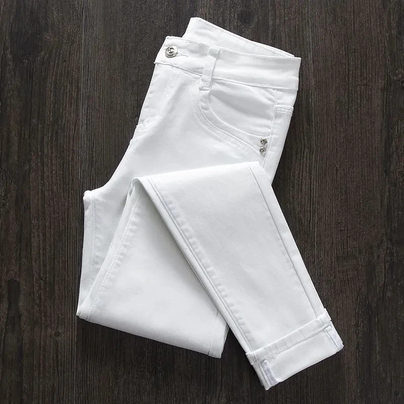 

White Jeans Women's Elastic High waisted Small leg pants Spring and autumn Skinny Pencil Pants Female Slim Casual Denim Pants