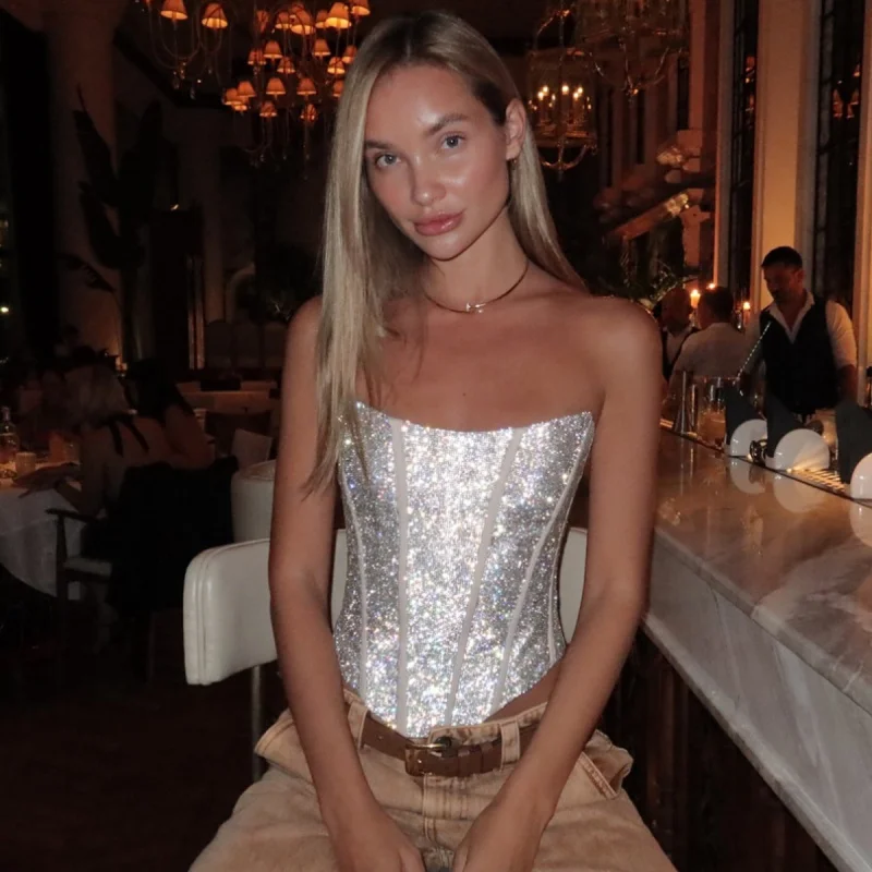 

Deep V Fishbone Waist-Cinching Tube Top for Women Shiny Sequin Rhombus Backless Top Trendy Hot Girl Fashion