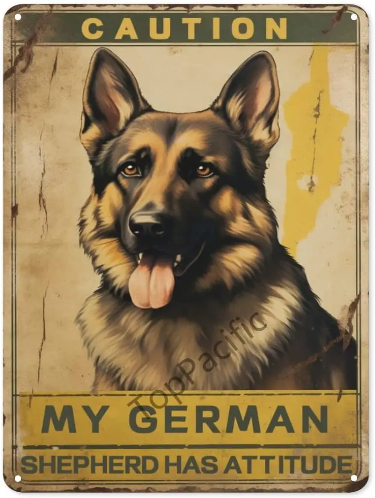 Beware of Dog Signs for Fence, Warning Tin Sign ;MY GERMAN SHEPHERD HAS ATTITUDE;, Home Kitchen Farm Garden-aluminum