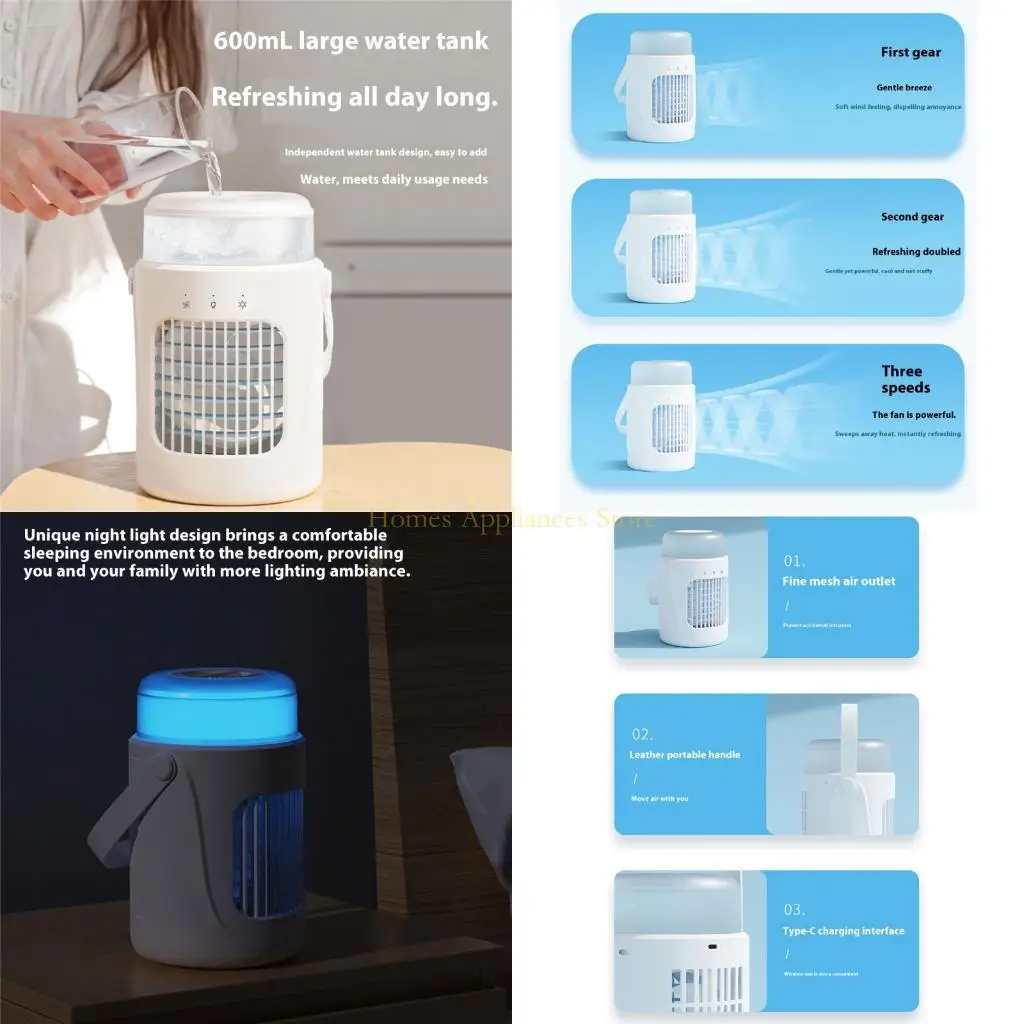 D0AB Portable Air Conditioning Fan Rechargeable Desktop Cooling Fan 3 Speeds Setting
