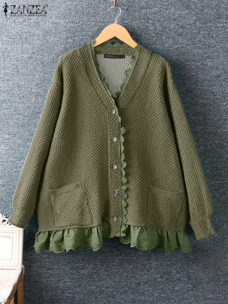 

2025 ZANZEA Fashion Autumn Cardigan Women Ruffles Blouse Vintage Long Sleeve Shirt Female Coats Thin Kimono Casual Buttons Tops