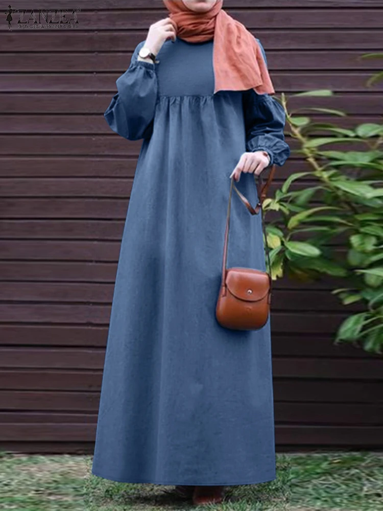 

2025 ZANZEA Women Elegant Long Sleeve Muslim Abaya Dress Stylish Denim Blue Party Work Sundress IsIamic Robe Casual Loose Kaftan