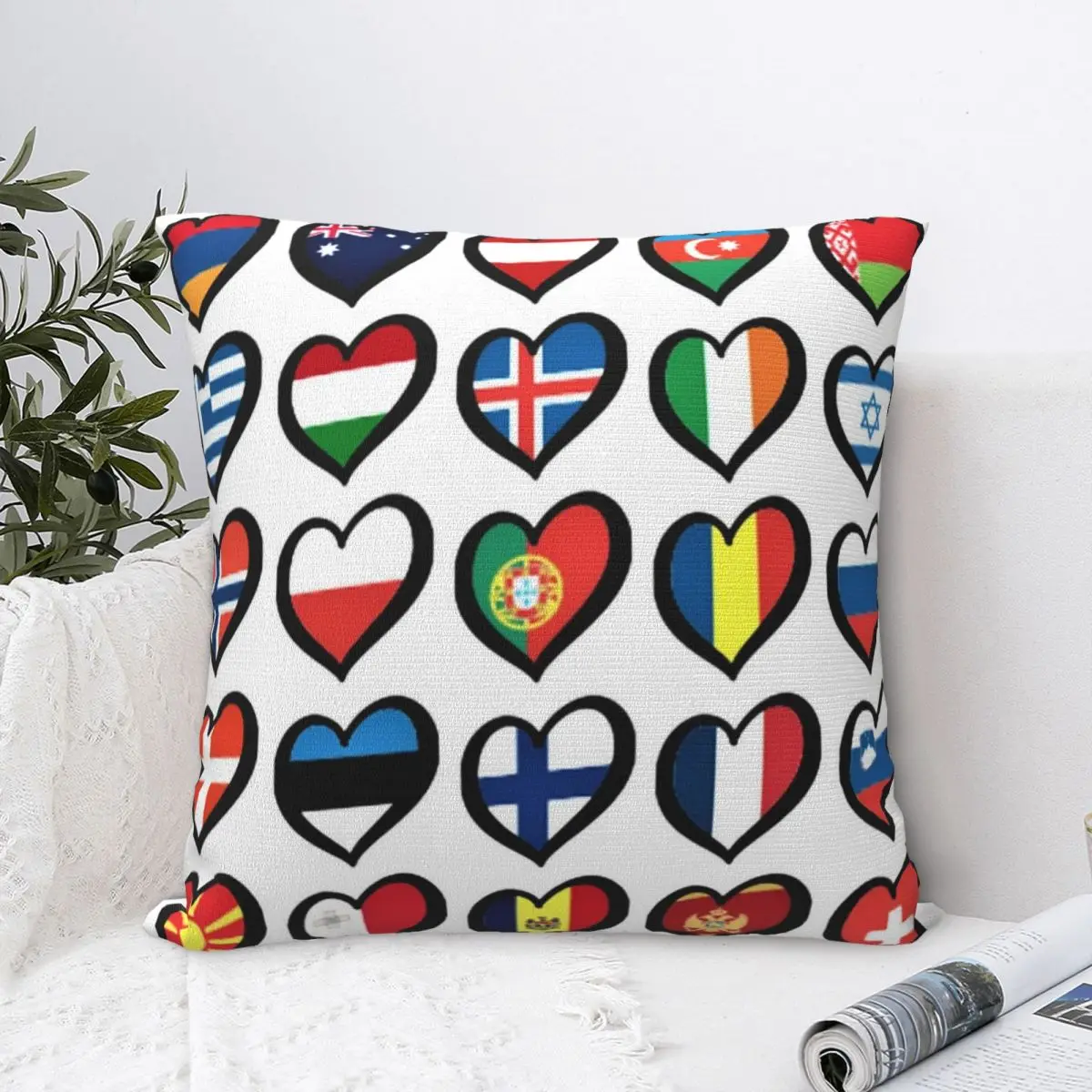 

Eurovision Song Contest Flags Hearts Square Pillowcase Polyester Pillow Cover Decor Comfort Throw Pillow For Home Living Room