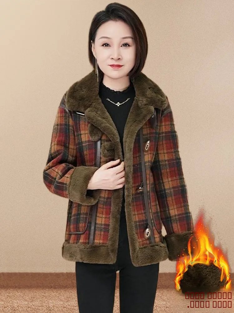 레트로 체크 양털 코트 여성용 패셔너블 따뜻한 겨울 외투 코트 여성용 겨울옷