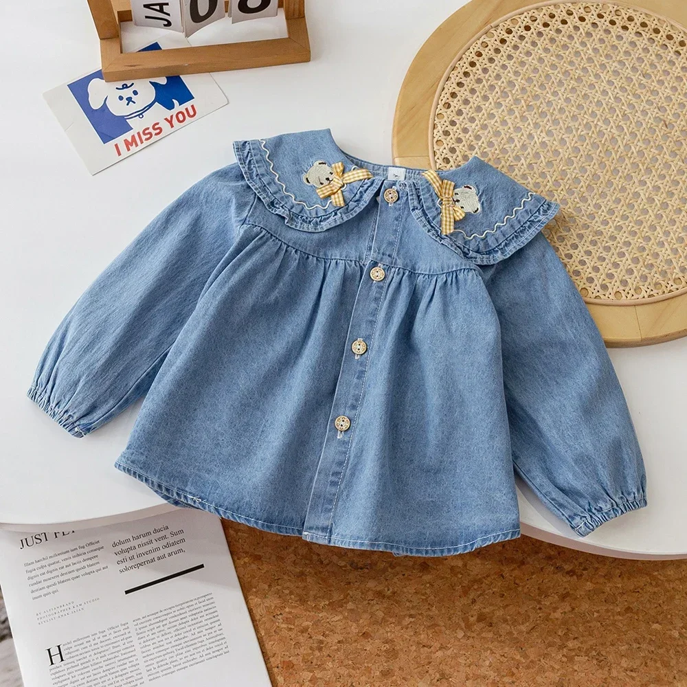 

Baby Girls Denim Shirts 2025 New Spring Autumn Cartoon Bear Embroidery Collar Single-breasted Coats Korean Style Kids Jackets To