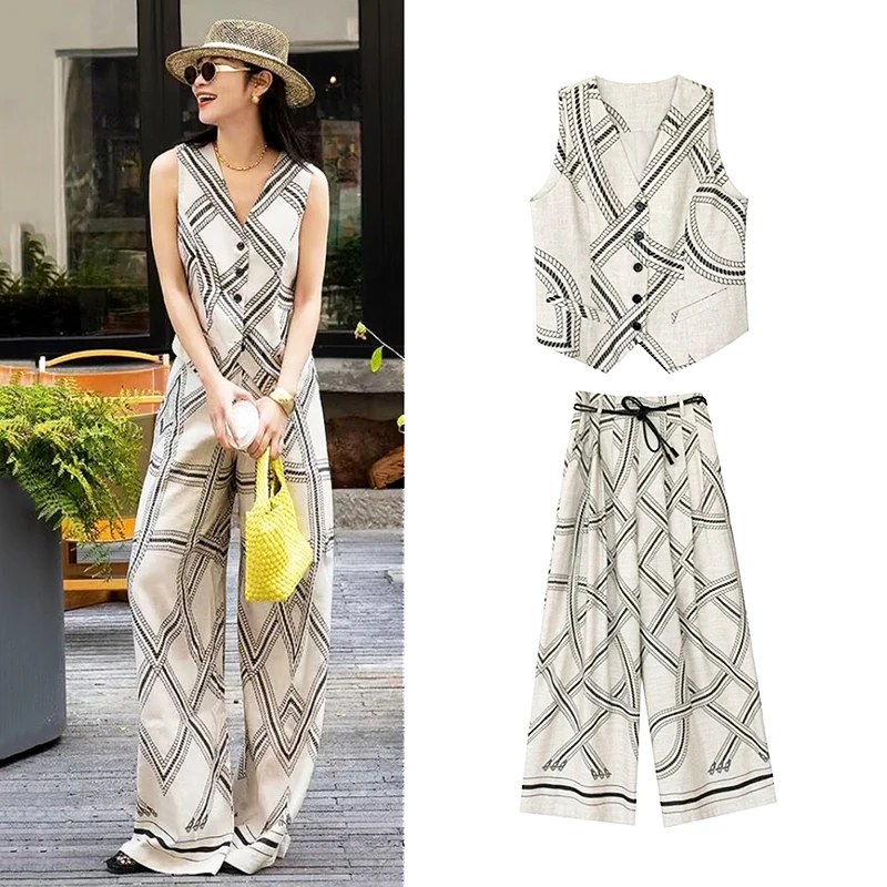 

Летний женский элегантный жилет и брюки, комплект без рукавов, топ + широкие брюки с высокой талией, женский повседневный комплект из 2 предметов, SL196