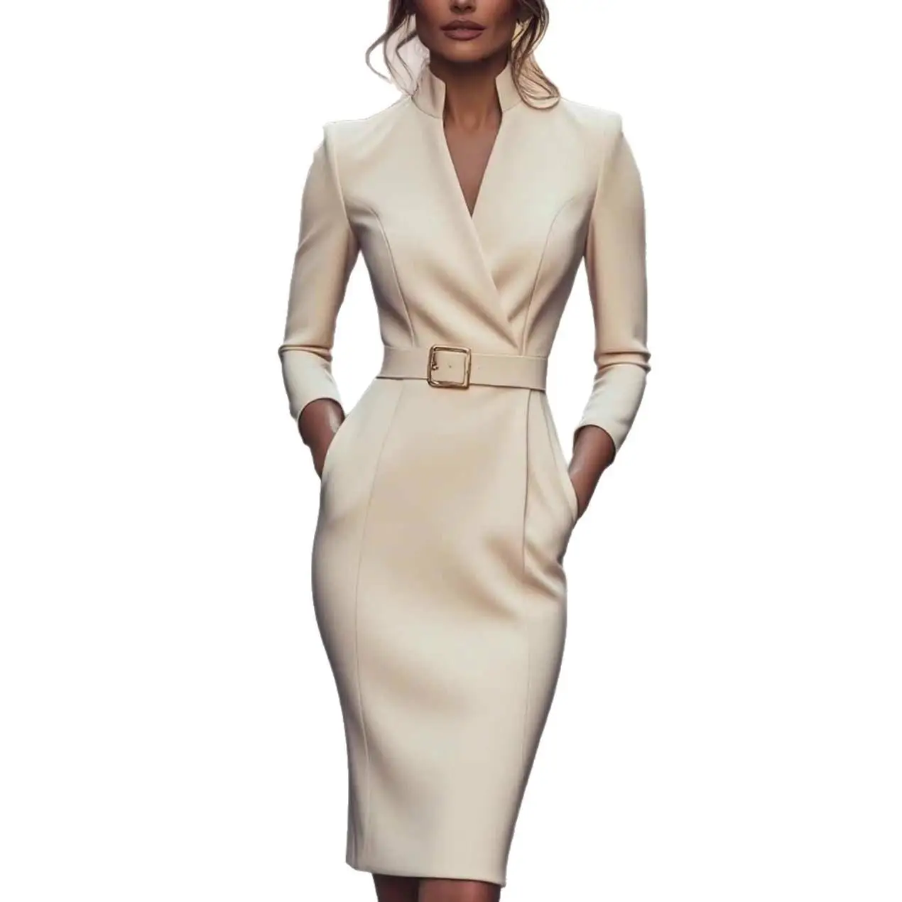 Ele Long Sve Dr with ket And Belt High Waist n Sle Women's Faion Spring Autumn Crossbody Ciwalk