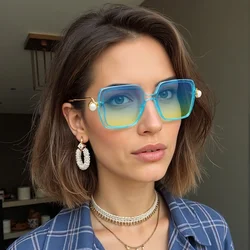 Sunglasses for Women Gradient Blue Yellow Frame Glasses Unique Double Frame Design Golden Spherical Decoration Modern Fashion