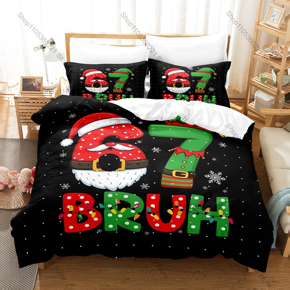 Trendy Funny Bruh 67 3Pcs Bedding Set Fashion Element Print Duvet Cover Pillowcase For Kids Teens Bedroom Christmas style Gift