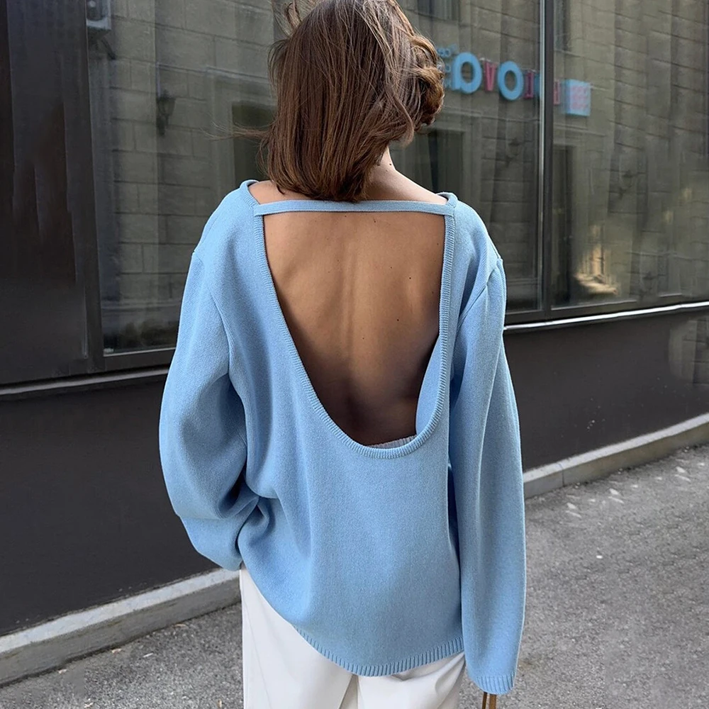 

Talenza однотонный вязаный свитер женский с длинным рукавом и круглым вырезом пуловер с открытой спиной свитер 2025 новый женский модный свободный повседневный свитер