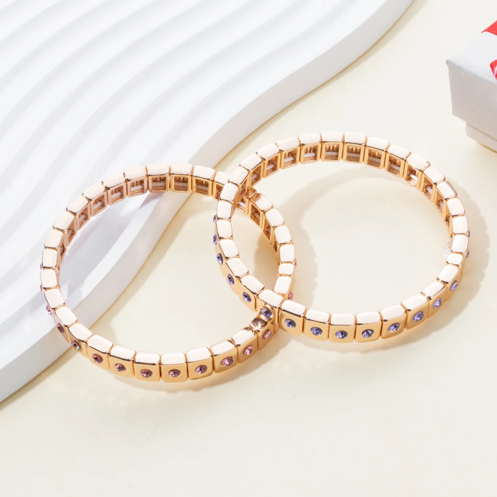 New Fashions Enamel Gold Color Bracelet for Women 6*8mm Bead Elastic Bangle Colorful Zircon Women Accessories 2024 Jewelry