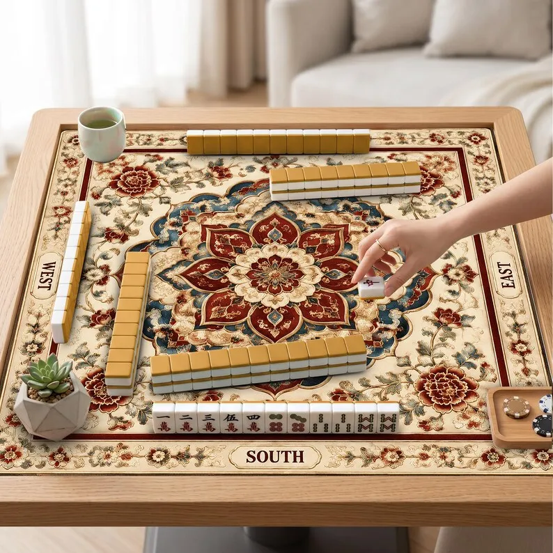 VIKAMA Vintage Persian Floral Mahjong Mat Non Slip Washable Soft Pad Noise Reduction for US Mahjong Family Game-