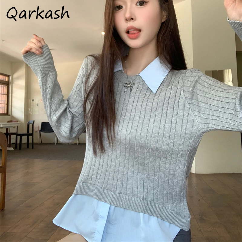 Women Sweaters Preppy Style Students Youth Stylish Fake 2pcs Turn Down Collar Pullovers Autumn Knit New Age-reducing Leisure