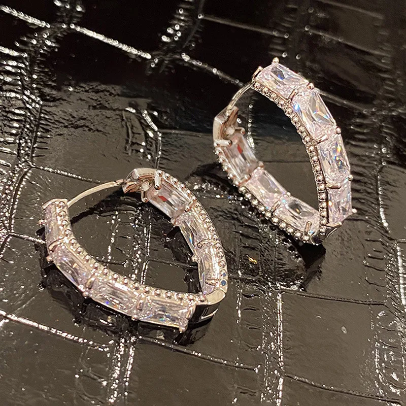 925 فضة فاخر هندسي زركونيا هوب أقراط أنثى موضة حفل زفاف مجوهرات رائع مجوهرات للنساء #2