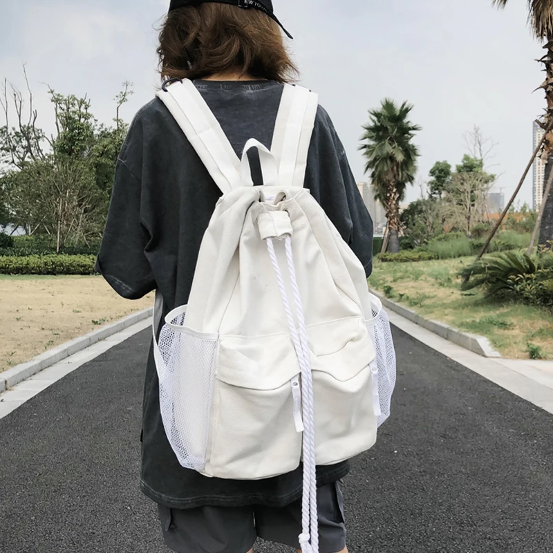 

Casual Canvas women backpack schoolbag harajuku Drawstring female Backpacks Large capacity laptop bag Travel Daypack bagpack