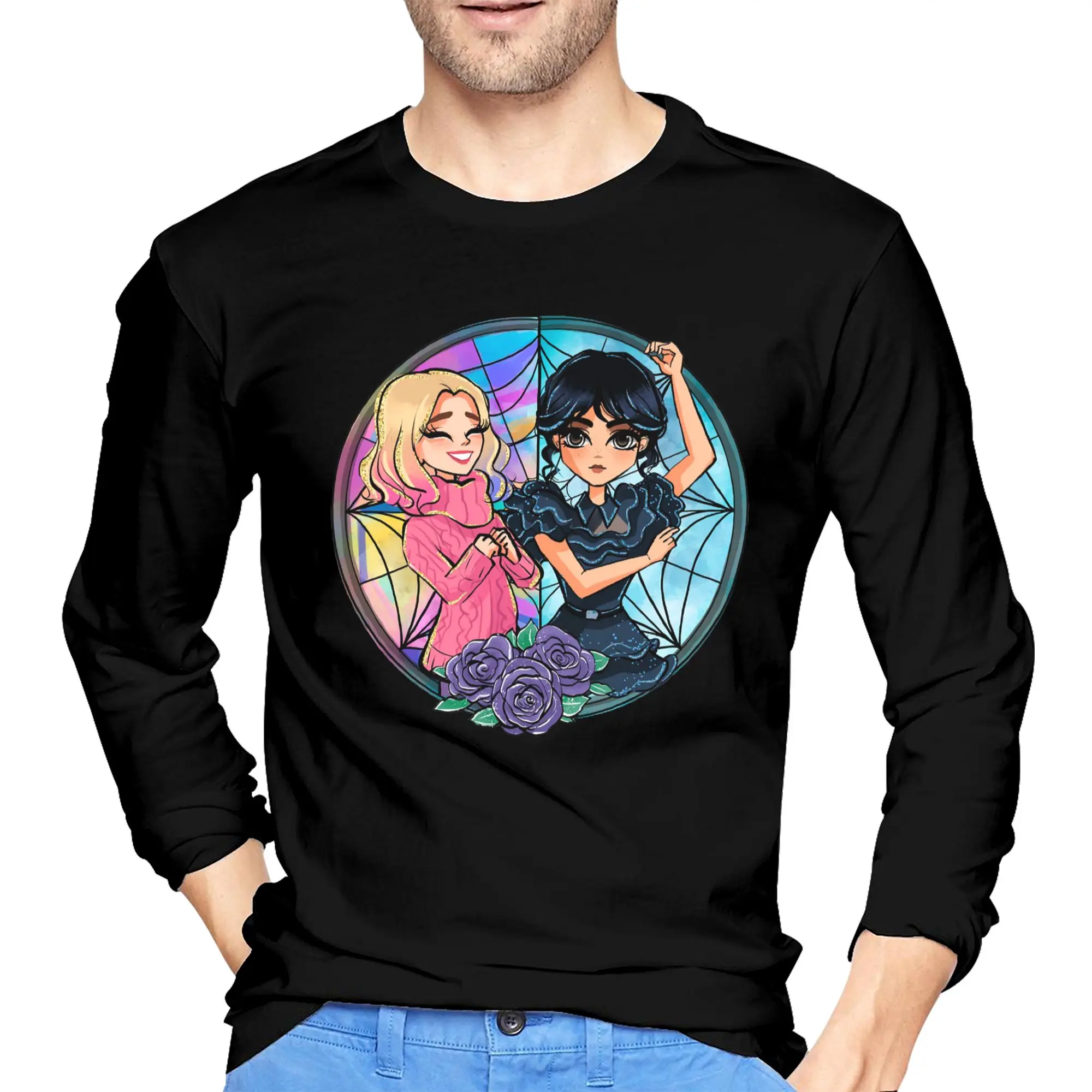 

Мужская футболка с длинными рукавами Wednesday and Enid Addams, повседневные футболки с круглым вырезом, весенние и осенние мужские топы