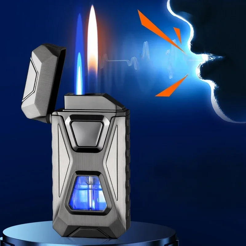 HOT Voice Controlled Ignition Dual Flame Butane Gas Lighter Open Fire Switching Jet Fire Visual Gas Window USB Electric Lighters