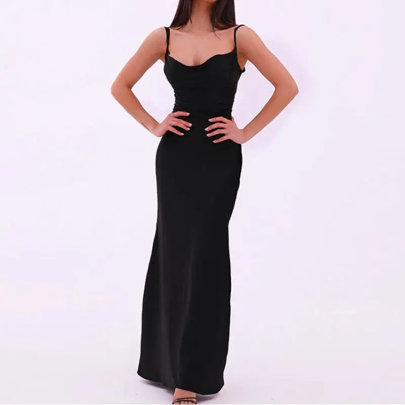 2025 summer new women's clothes sexy and elegant silk satin-textured fitted halter and lace-up long dress
