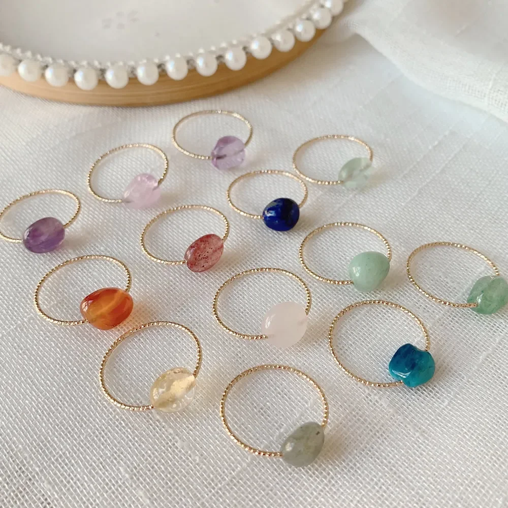 Minimalist Natural Stone Rings for Women Golden Irregular Nuggets Blue Apatite Yellow Quartz Purple Crystal Ring Wedding Bands