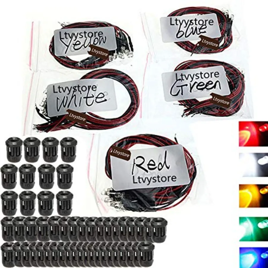 50Pcs 3MM 12V LED Pre Wi Prewi 7.87 Inch Lamp Light Bulb Prewi Emitting Diode Assorted Color and 50Pcs Black 3MM LED Plastic Cl