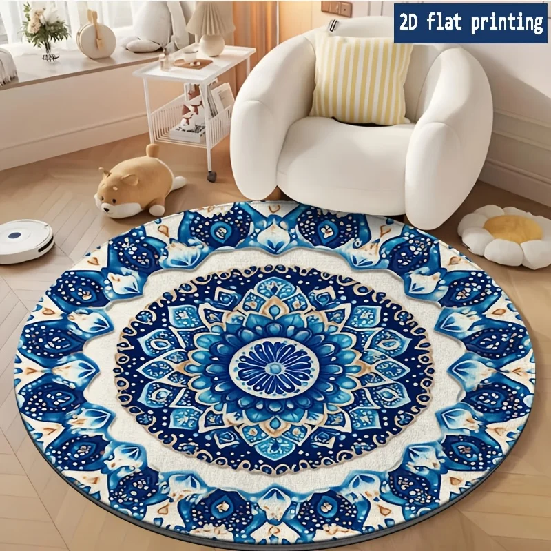 Boho Tribal Blue Round Carpet Medallion Floral Area Mat Nordic Retro Coffee Table Parlor Salon Decorative Space Solution