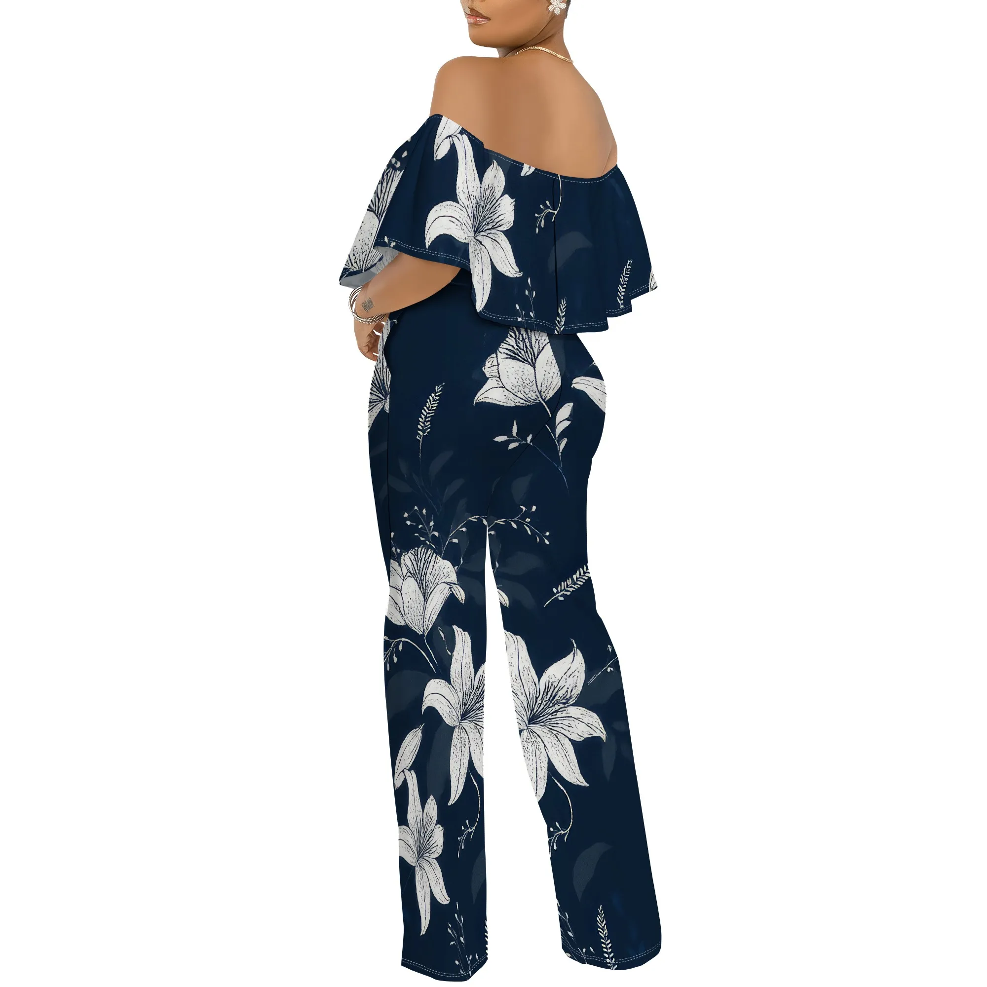 ปิดไหล่ด้านบน Ruffle ดอกไม้พิมพ์ Jumpsuits สําหรับผู้หญิงกางเกงขากว้าง Club Party ชุด Jumpsuit พร้อมกระเป๋า