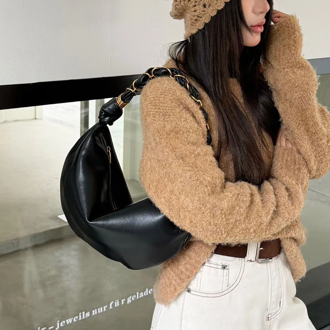 Mendy Woven Chain Shoulder Bag Women Quatrefoil Print Dark Brown Black Minimalist Designer Luxury Daily Commute Purse Small New