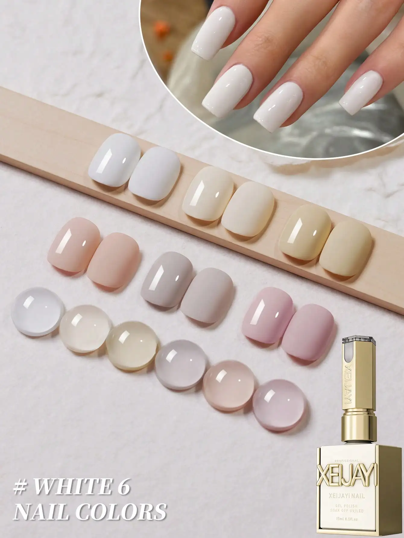 

XEIJAYI 6pcs White & Nude Gel Polish Set, Long Lasting High Gloss & Natural Gradient Shades, Salon Quality UV/LED Soak Off Gel