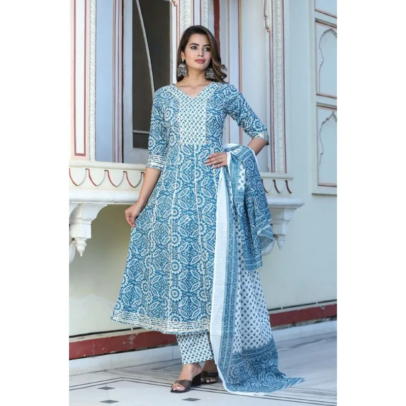 Cotton Fabric Complete Stitched Printed Work Anarkali Salwar Kurti Pant Dupatta