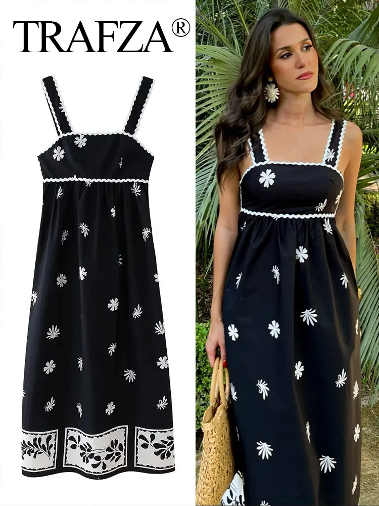 TRAFZA 2024 Summer Woman Print Dress Wide Spaghetti Strap Backless Long Dresses Female Beach Style Chic Elegant Women\'s Dress