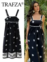 TRAFZA 2024 Summer Woman Print Dress Wide Spaghetti Strap Backless Long Dresses Female Beach Style Chic Elegant Women's Dress