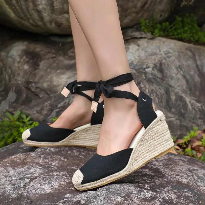 2024 Women\'s Espadrille Ankle Strap Sandals Comfortable Slippers Ladies Womens Casual Shoes Breathable Flax Hemp Canvas Pumps