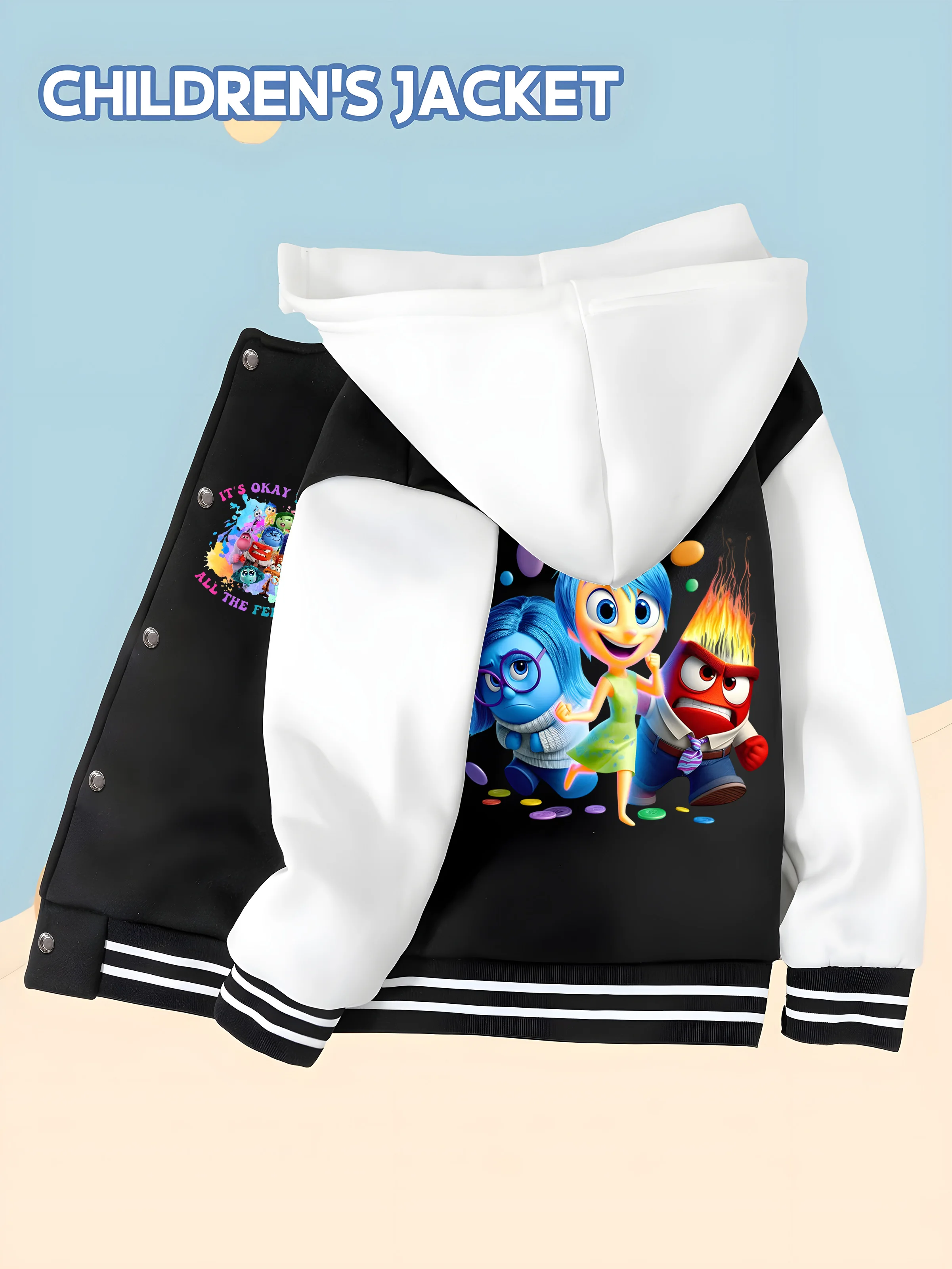 

MINISO Disney Inside Out Emoji Boys Baseball Jacket - Colorful emoji prints, soft and comfortable for everyday wear