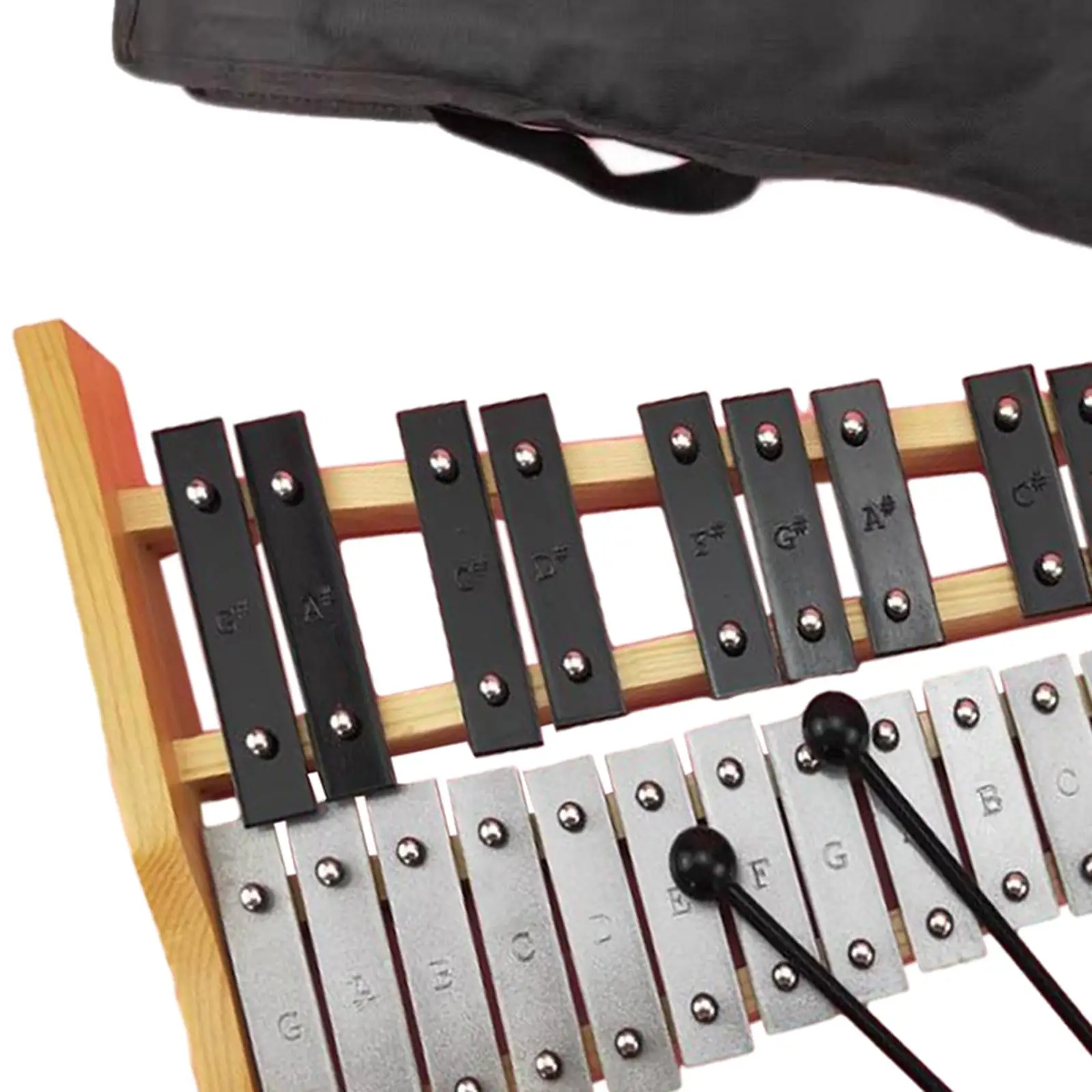 25 catatan Glockenspiel, instrumen musik mainan dengan membawa tas dan palu,