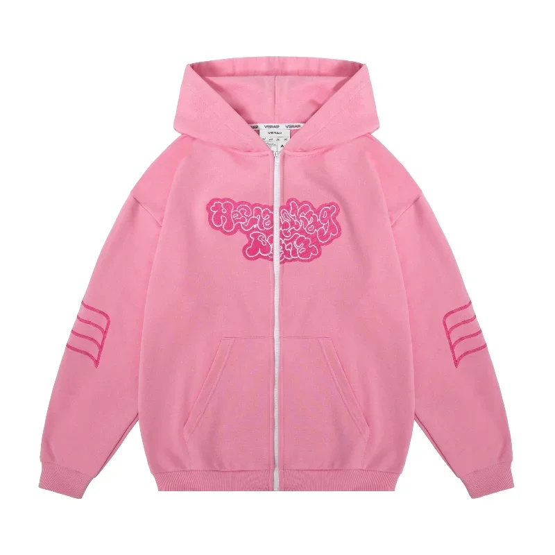 

Y2K Fashionable Retro Zipper Hoodie Street Top Pink Embroidered Letters Oversized fall Hip Hop High Street Men Women Sweatshirts