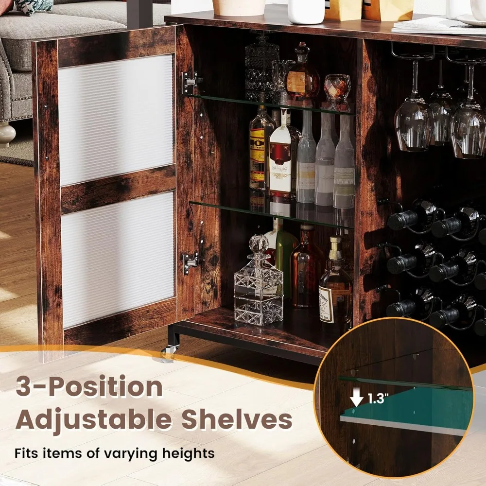 Weinbarschrank auf Rollen, Spirituosenbuffet-Sideboard mit LED-Leuchten, Ablageflächen, Glashalter und Weinregale, industriell