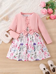 4-7 Years Kids Girls 2PCS Dress Set Solid Knitted Overcoat+Floral Sleeveless Dress with Belt Photography Style Princess Clothing