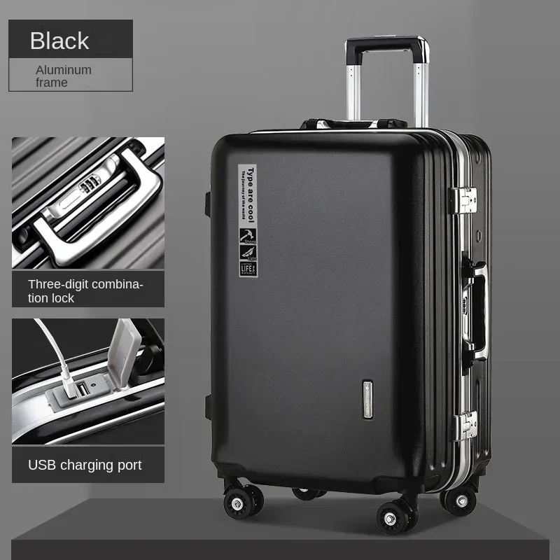 New Aluminium Frame+PC Suitcase Wheels Business Zipper Carry-on Cabin Suitcase USB Port 20/26-inch Luggage Carrier Trolley Case