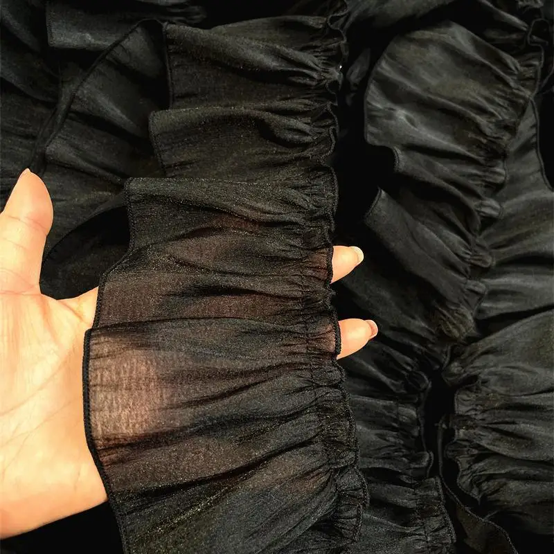 9cm Wide Black Silk Fabric with Ruffled Neckline Sleeve Trim for Lolita Skirt Hem Curtain Embellishments and Sewing Accessories